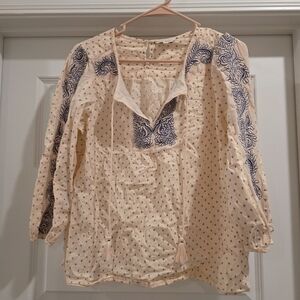 Lucky Brand Cream and Blue Embroidered Blouse